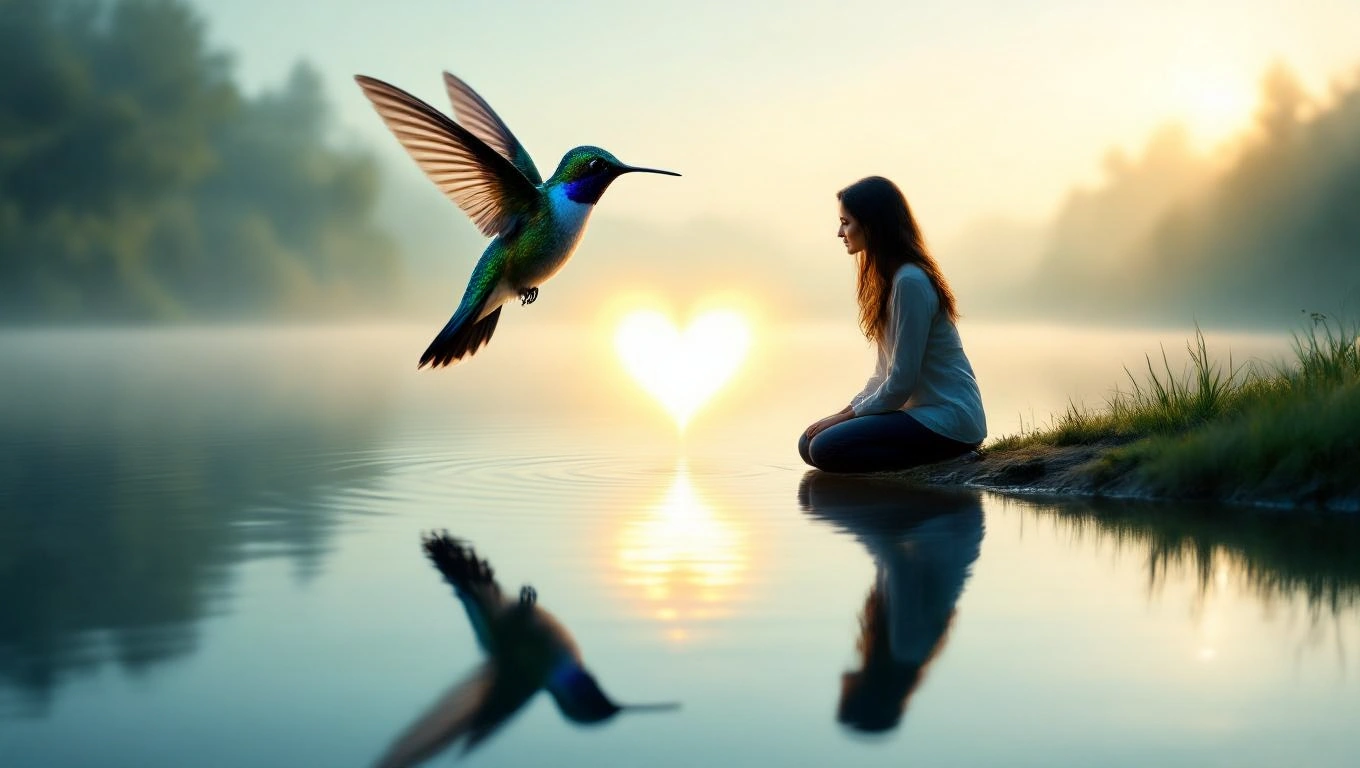 Eine Frau sitzt am Wasser und beobachtet einen schwebenden Kolibri vor einem Herz.
