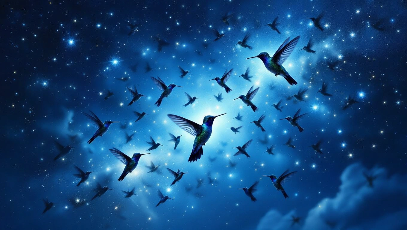 Eine Gruppe von Kolibris schwebt in einem sternenklaren, blauen Himmel.