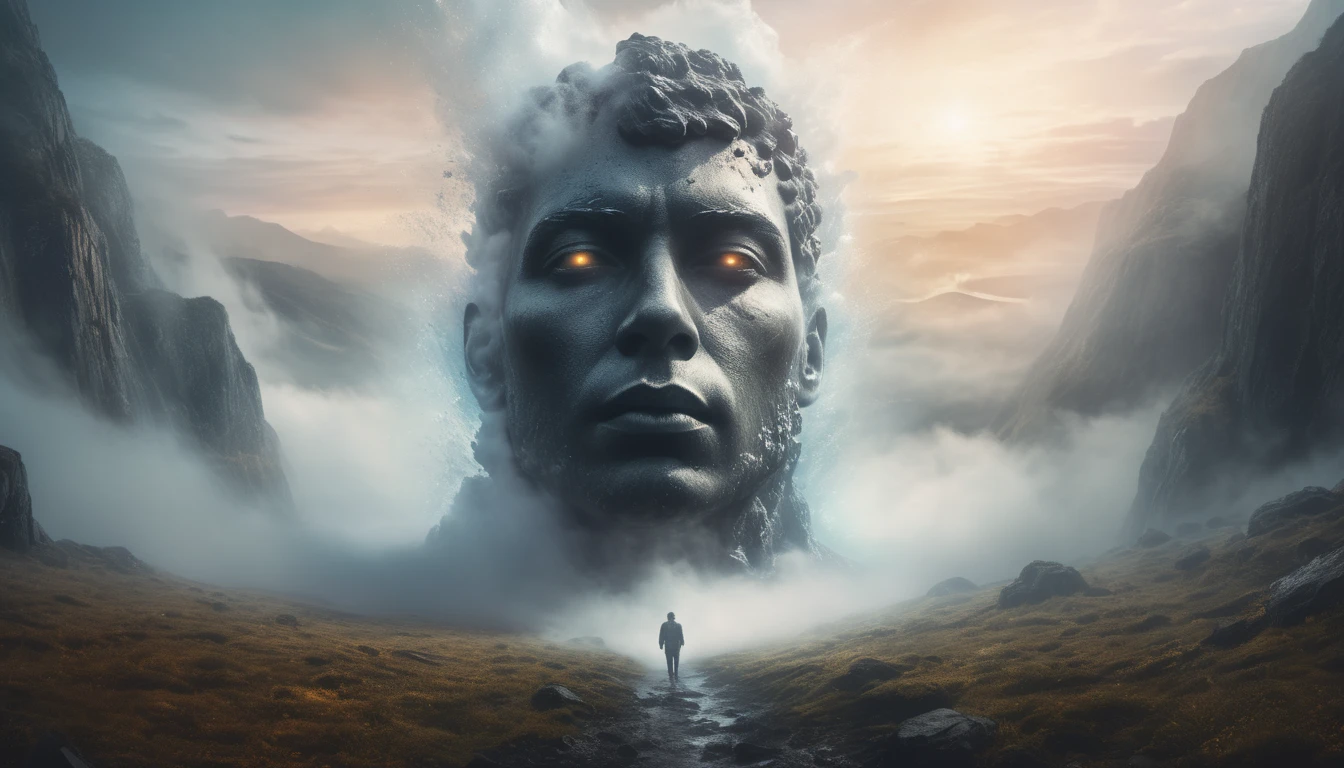 Ein majestätischer Kopf aus Stein, umgeben von Nebel und Bergen, symbolisiert Gedanken und innere Klarheit.