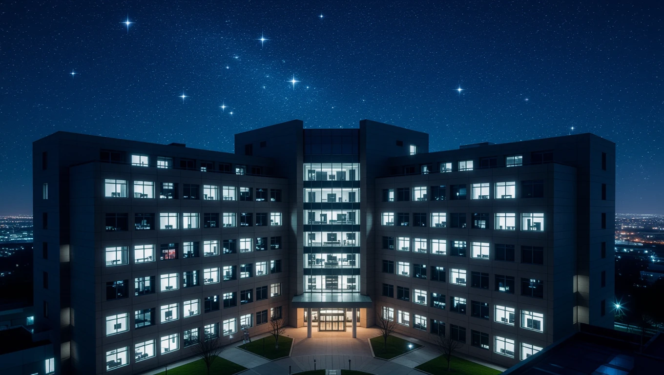 Ein modernes Krankenhausgebäude bei Nacht, beleuchtet unter einem sternklaren Himmel.