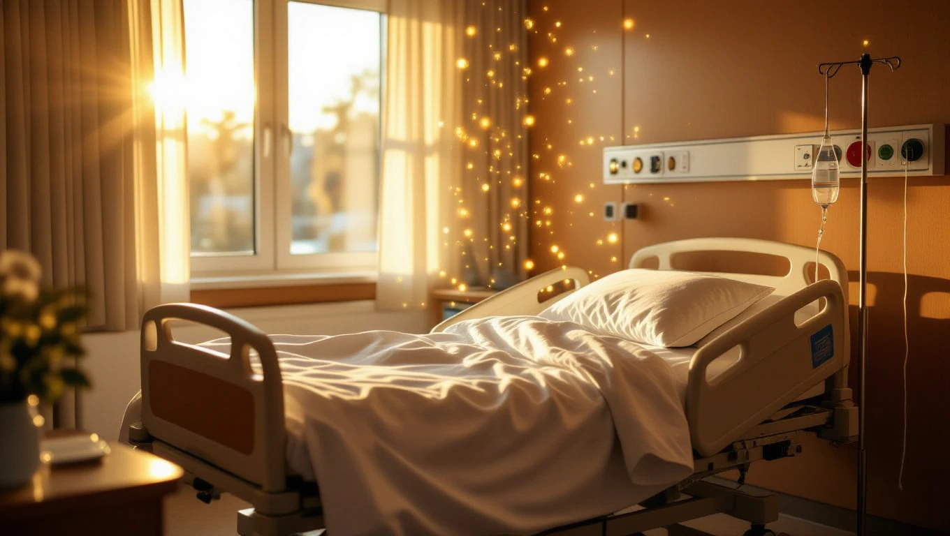 Ein Krankenhauszimmer mit einem leeren Bett und sanftem Sonnenlicht.