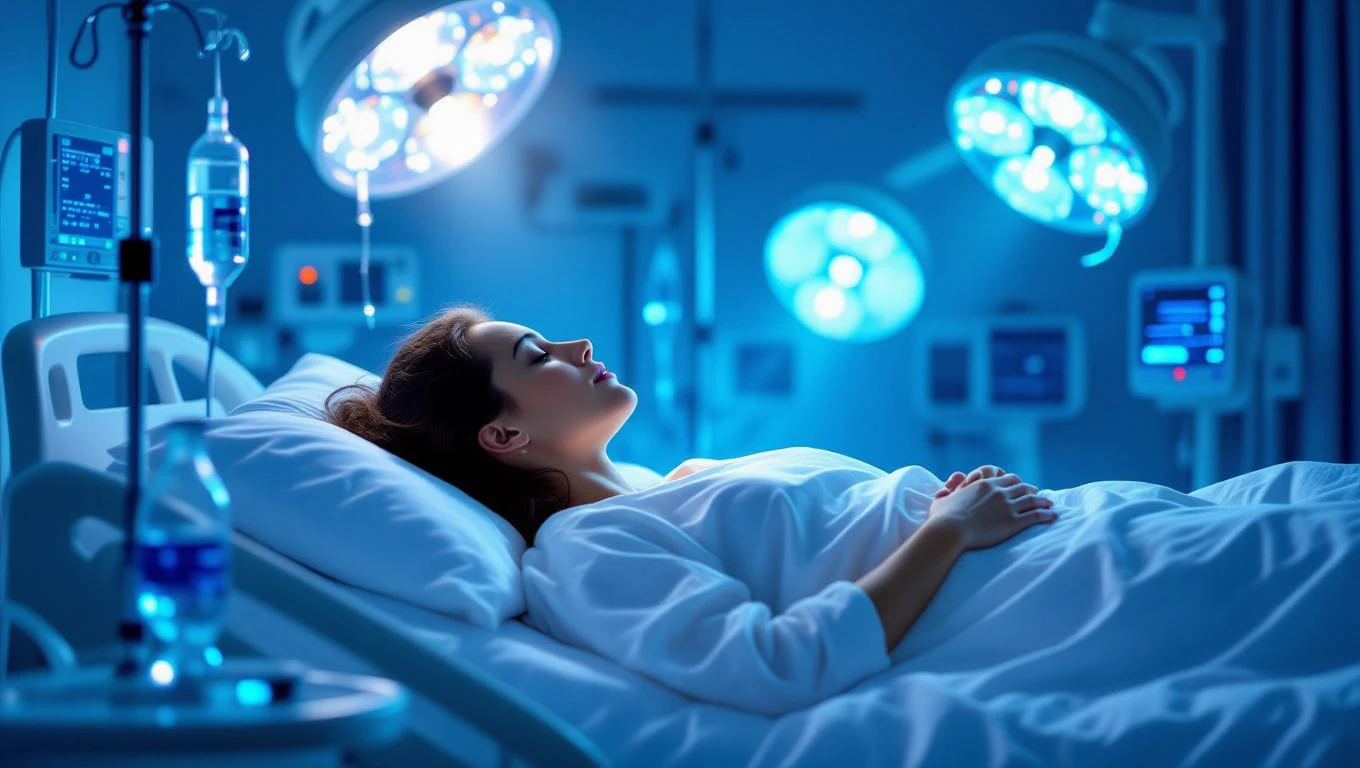 Eine Frau liegt in einem Krankenhausbett, umgeben von medizinischen Geräten und blauen Lichtern.