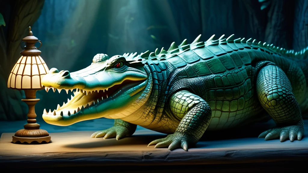 Ein Krokodil sitzt neben einer Lampe in einem dunklen Raum.