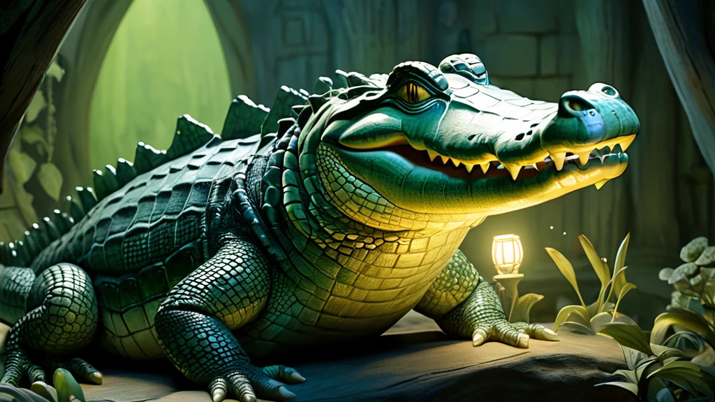 Ein Krokodil in einer mystischen Umgebung, das Stärke und verborgene Ängste symbolisiert.