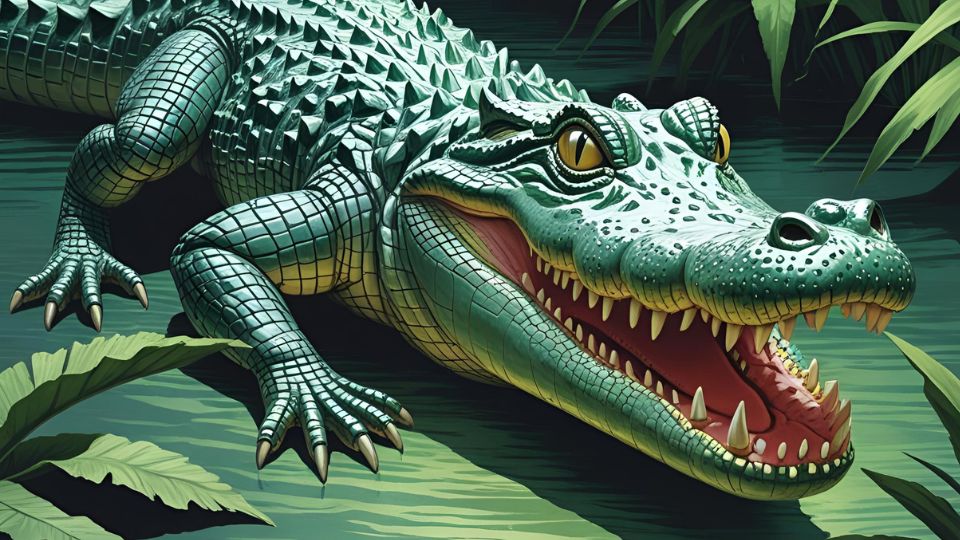 Ein Krokodil liegt in einem Gewässer, umgeben von grünen Blättern und Pflanzen.