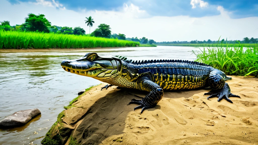 Ein Krokodil liegt am Ufer eines Flusses, umgeben von üppigem Grün.