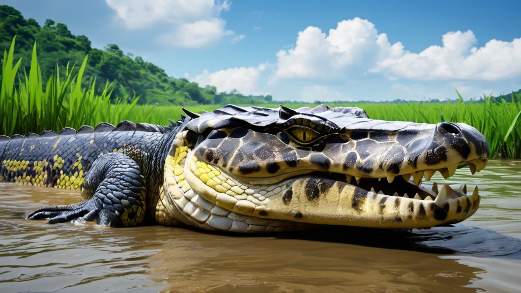 Ein Krokodil liegt im Wasser, umgeben von grünen Pflanzen und unter blauem Himmel.