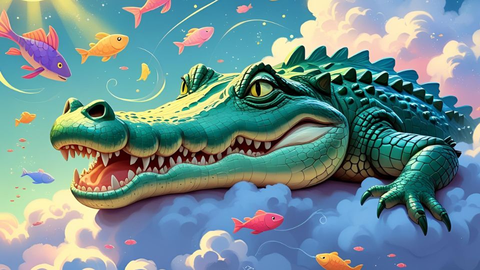 Ein Krokodil schwebt in bunten Wolken umgeben von Fischen.