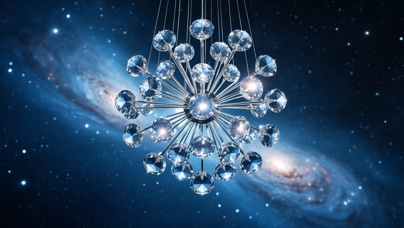 Ein funkelnder Kronleuchter schwebt vor einem sternenübersäten Hintergrund.