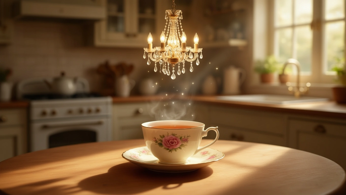 Ein eleganter Kronleuchter schwebt über einer dampfenden Tasse Tee in einer gemütlichen Küche.