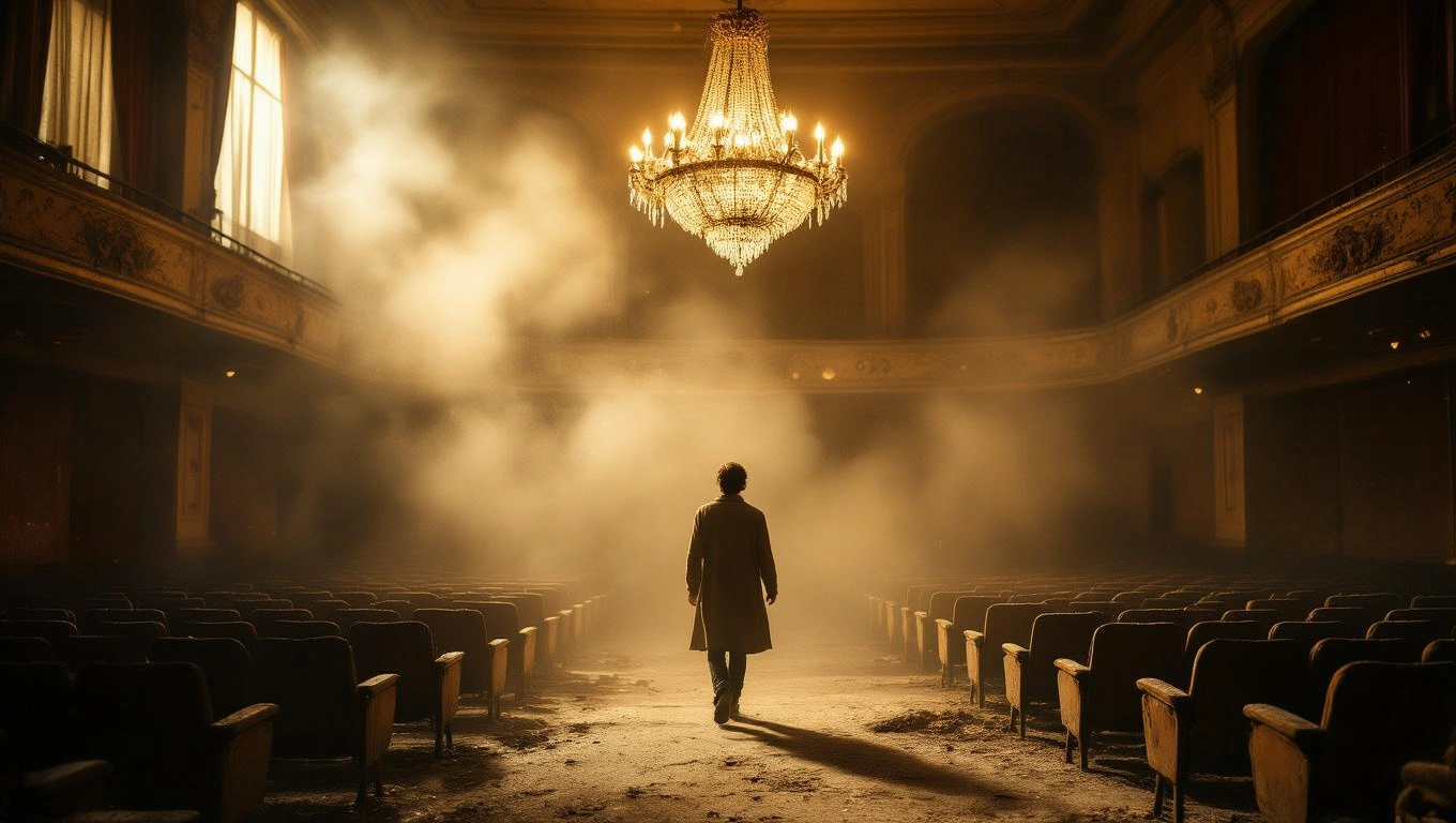Ein Kronleuchter hängt über einem leeren Theater, das in Nebel gehüllt ist.