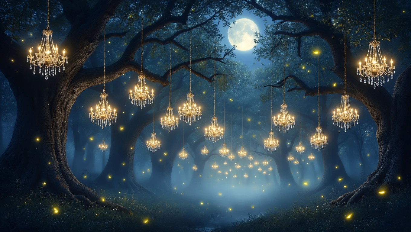 Ein mystischer Wald mit hängenden Kronleuchtern, die sanft leuchten.