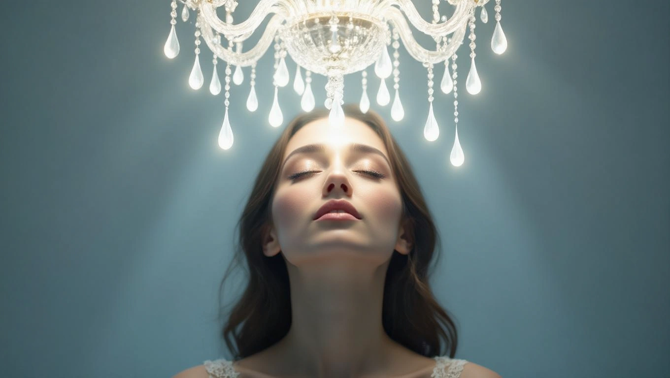 Eine Frau meditiert unter einem strahlenden Kronleuchter, der Licht symbolisiert.