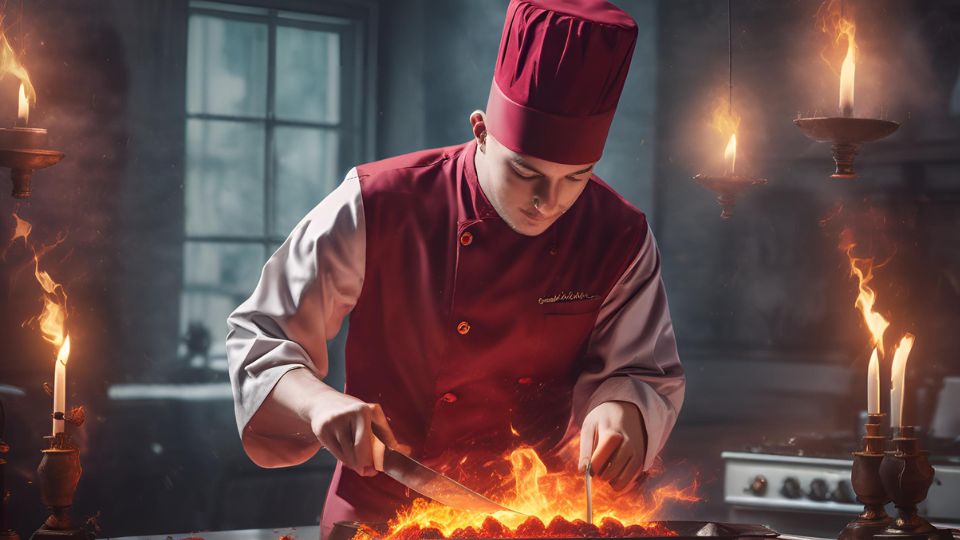 Ein Koch bereitet leidenschaftlich ein Gericht in einer mystischen Küche zu.