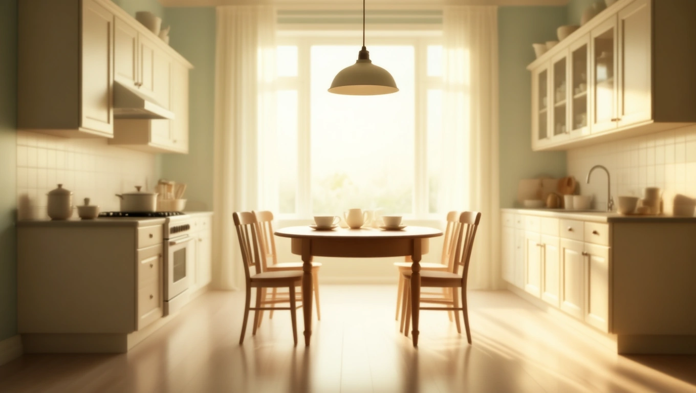 Helle, einladende Küche mit einem runden Tisch und Stühlen, symbolisiert Gemeinschaft.