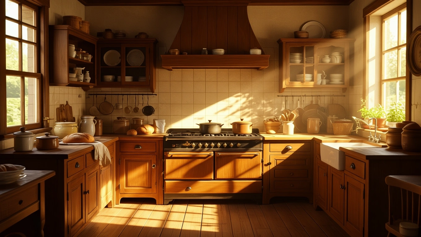 Eine helle, einladende Küche mit Holzschränken und einem großen Herd.