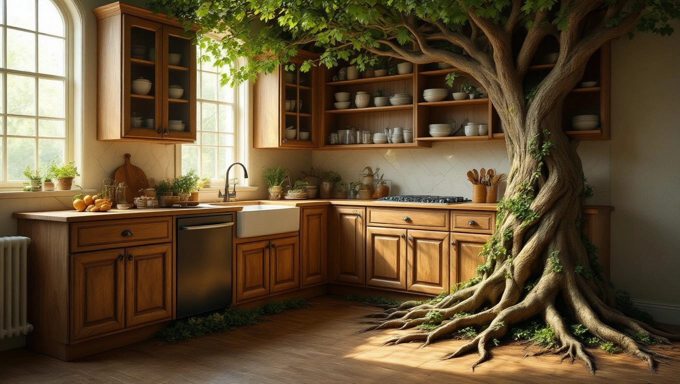Eine gemütliche Küche mit Holzschränken und einem großen Baum, der durch den Boden wächst.