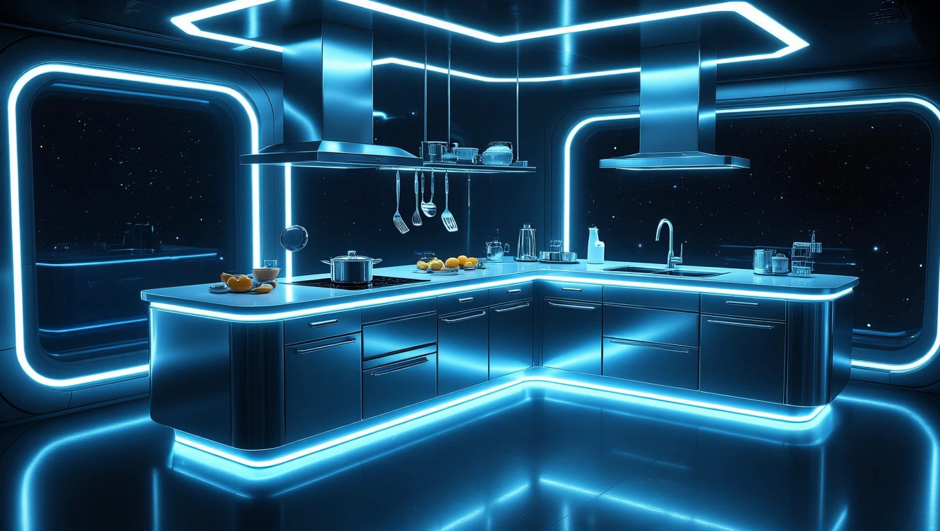 Moderne Küche mit leuchtenden Elementen und eleganten Möbeln.