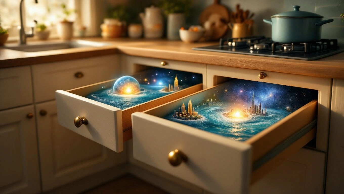 Zwei Küchenschubladen mit fantastischen, leuchtenden Landschaften und Galaxien.