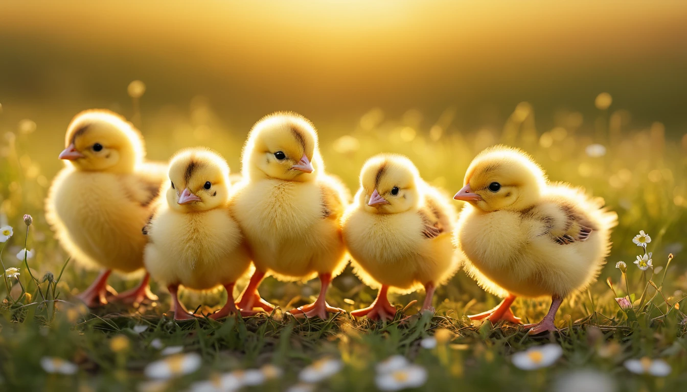 Fünf gelbe Küken stehen auf einer Wiese, umgeben von Blumen.