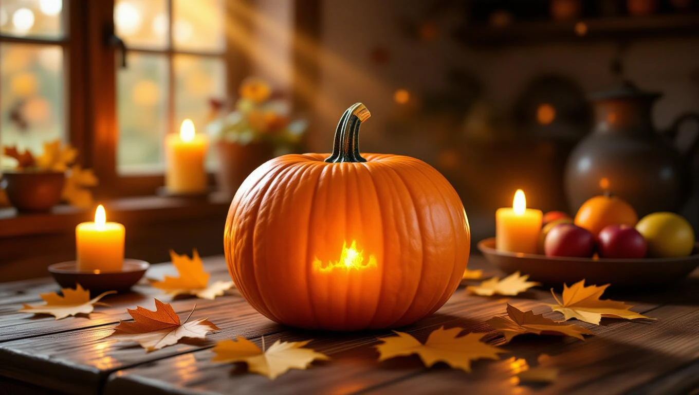 Ein leuchtender Kürbis auf einem Tisch, umgeben von Kerzen und herbstlichen Blättern.