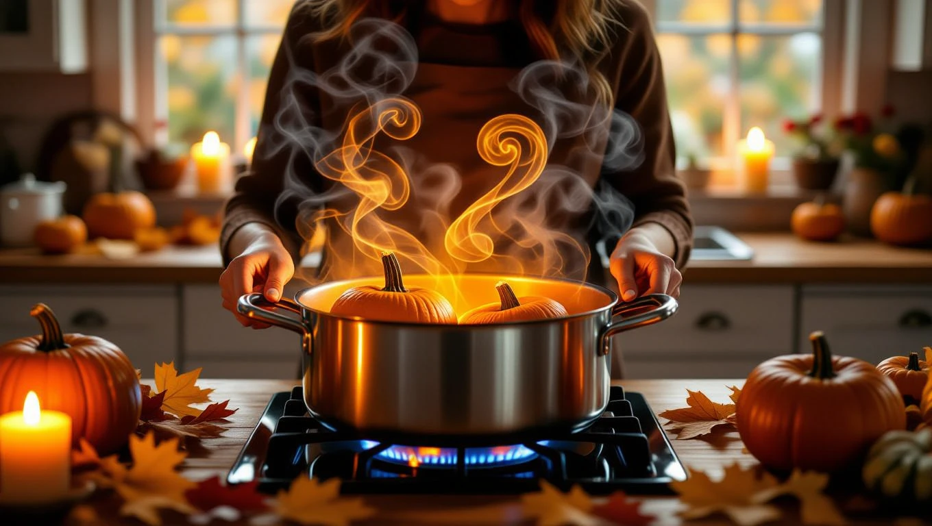 Eine Person kocht Kürbisse in einem Topf, umgeben von herbstlichen Dekorationen.