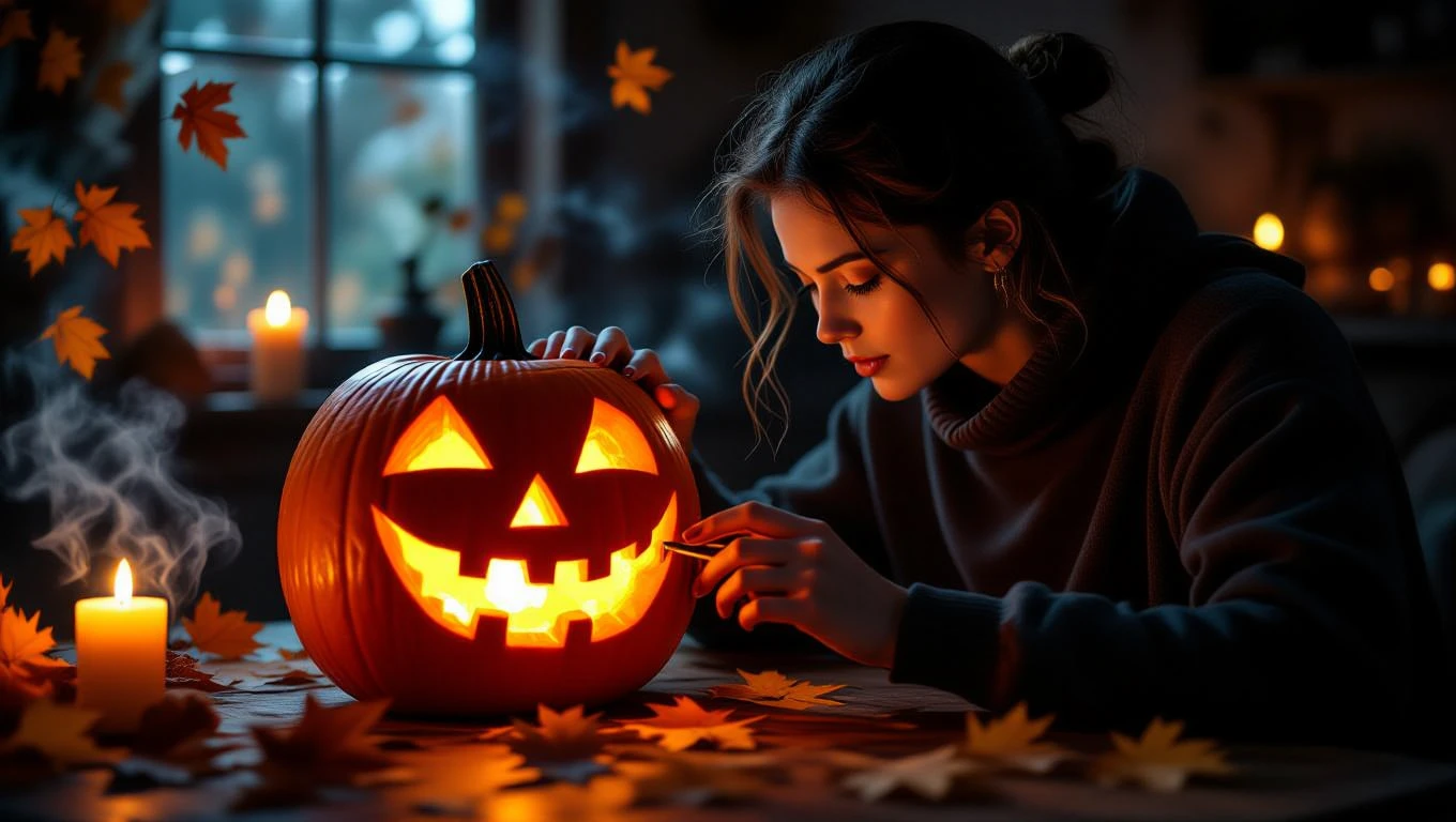 Eine Frau schnitzt einen leuchtenden Kürbis in einem gemütlichen Raum.