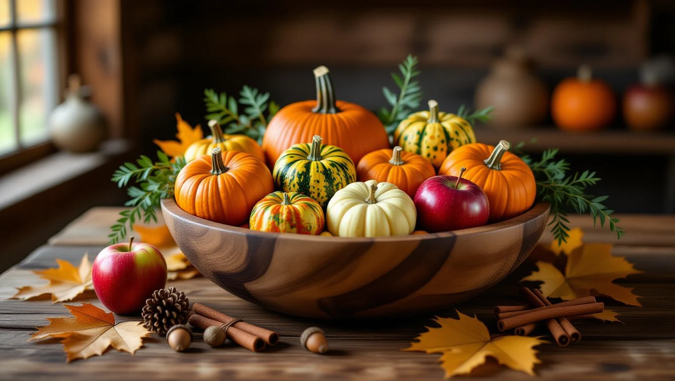 Eine Holzschüssel gefüllt mit verschiedenen Kürbissen und Äpfeln, umgeben von Herbstblättern.