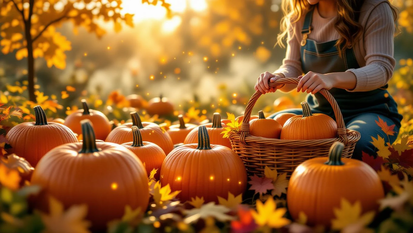 Eine Person pflückt Kürbisse in einem herbstlichen Garten voller bunter Blätter.