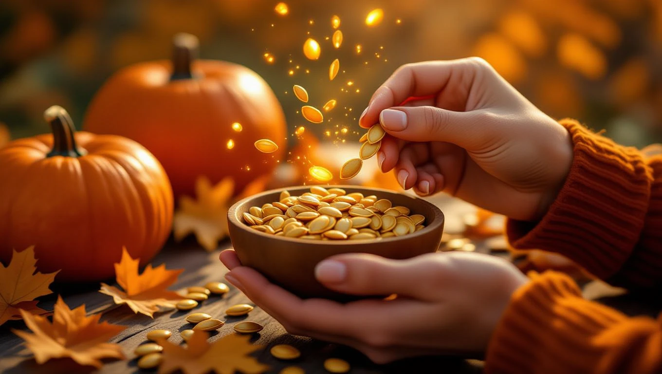 Eine Hand hält Kürbiskerne über einer Schüssel mit goldenen Samen.