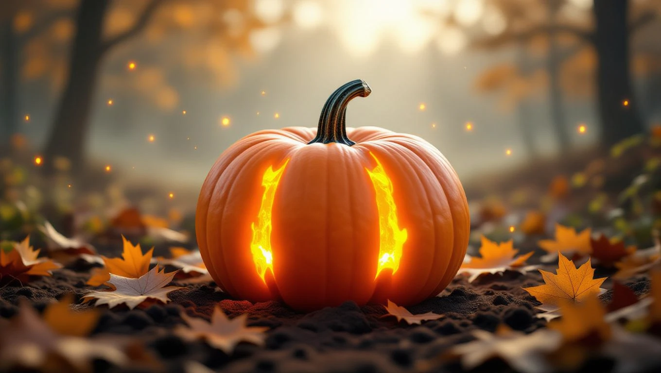 Ein leuchtender Kürbis steht im herbstlichen Laub, Symbol für Fülle und neue Ideen.