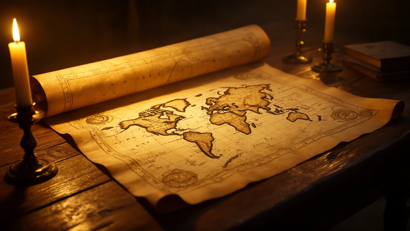 Eine alte, ausgerollte Weltkarte auf einem Holztisch, beleuchtet von Kerzenlicht.