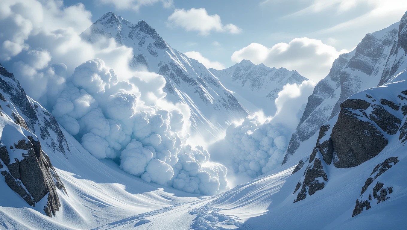 Eine Lawine rollt majestätisch die schneebedeckten Berge hinunter.