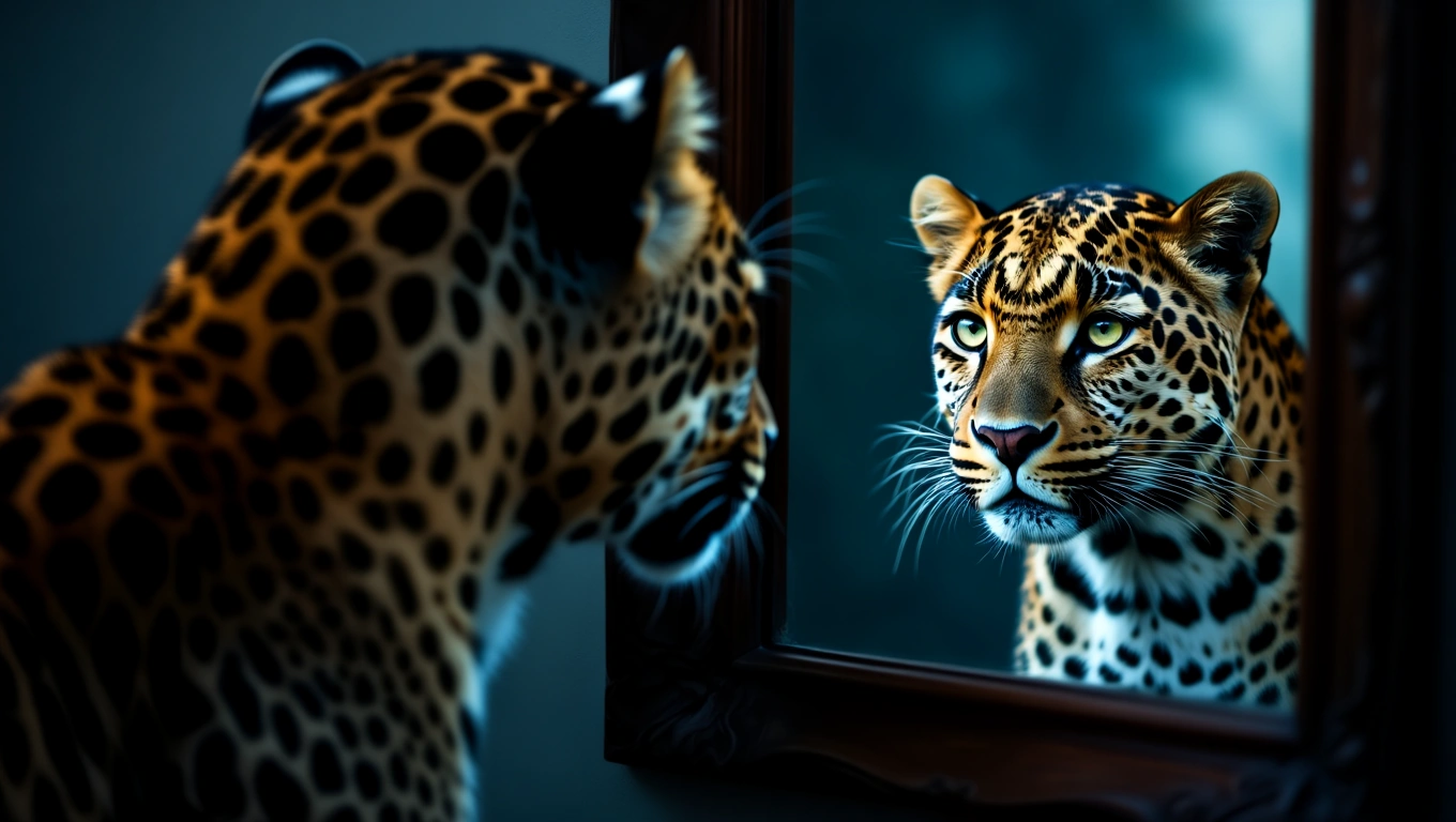 Ein Leopard betrachtet sein Spiegelbild mit intensiven Augen.