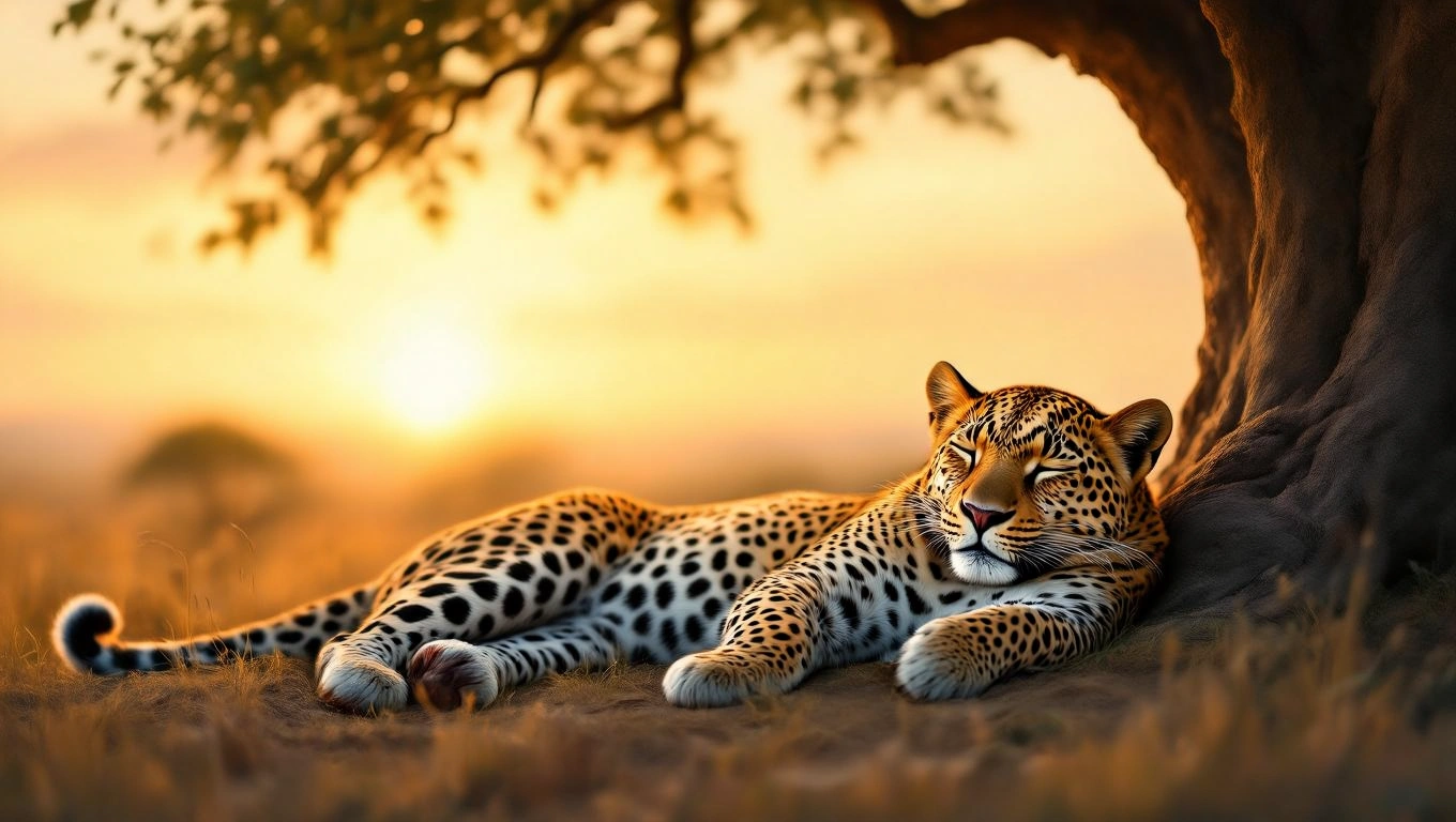 Ein Leopard ruht unter einem Baum in der warmen Abendsonne.