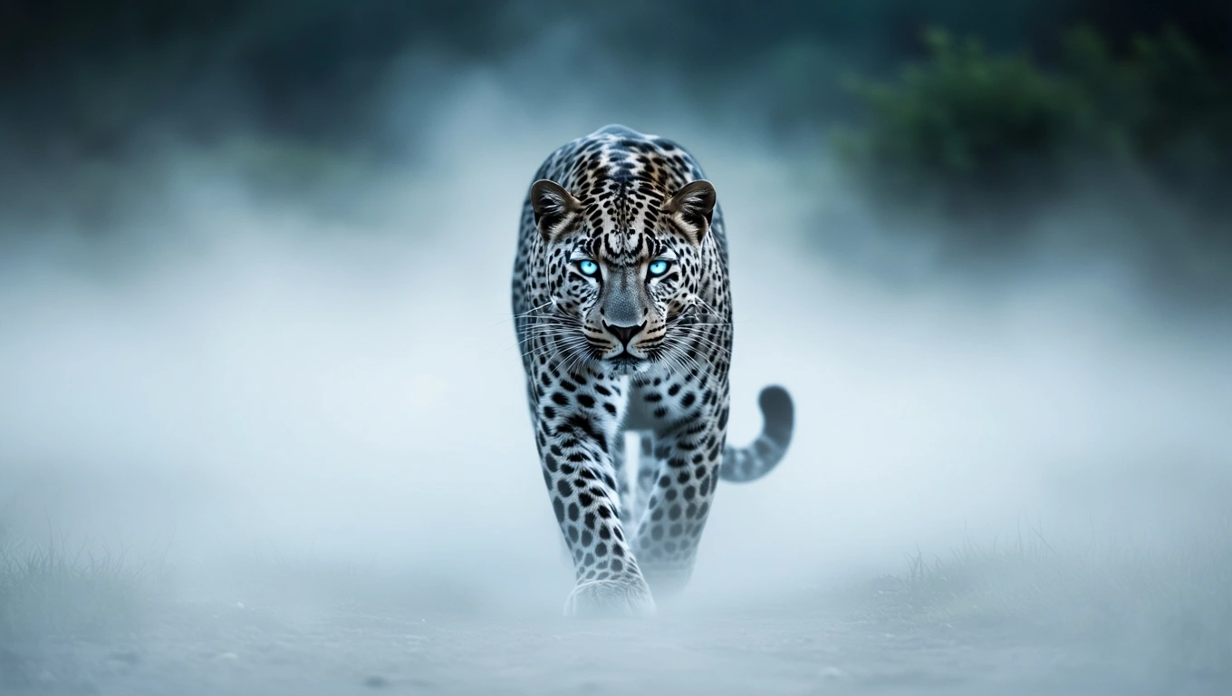 Ein majestätischer Leopard schreitet durch den Nebel, seine blauen Augen leuchten.
