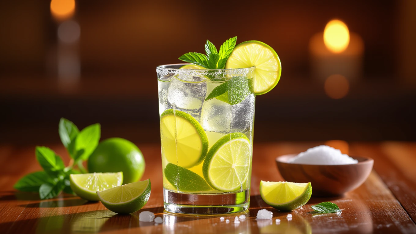 Ein erfrischendes Glas Limonade mit Limettenscheiben und Minze.