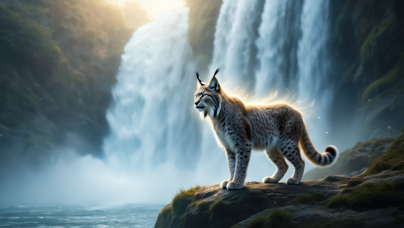 Ein majestätischer Luchs steht an einem Wasserfall, umgeben von Natur.