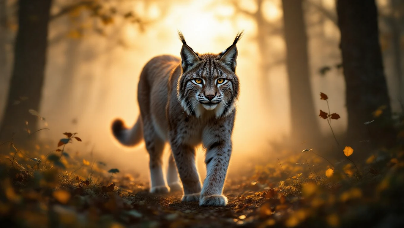 Ein majestätischer Luchs schreitet durch einen nebligen Wald, umgeben von herbstlichen Blättern.