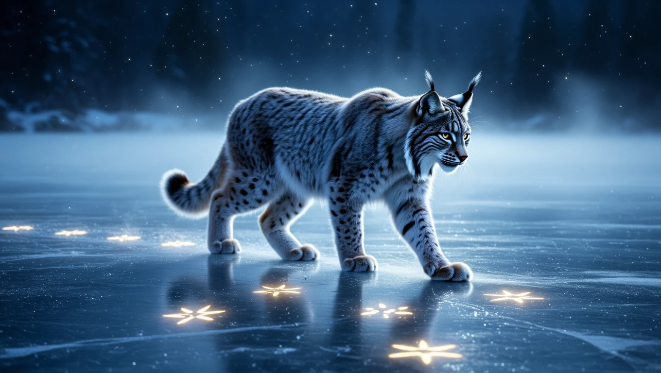 Ein Luchs schreitet über eine gefrorene Fläche, umgeben von schimmernden Sternen.