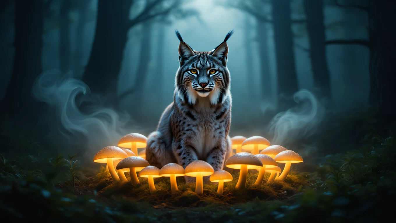 Ein majestätischer Luchs sitzt um leuchtende Pilze in einem nebligen Wald.