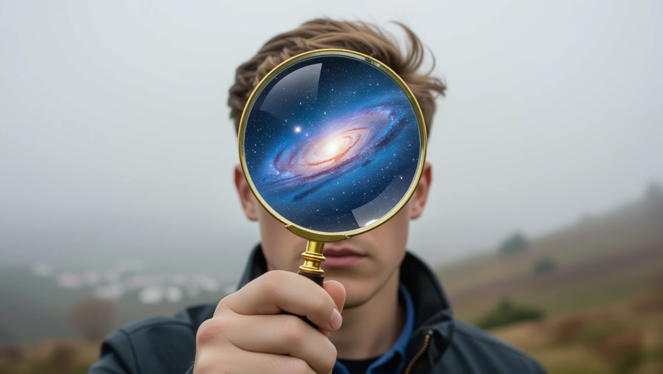 Ein junger Mann hält eine Lupe, durch die eine Galaxie sichtbar ist.