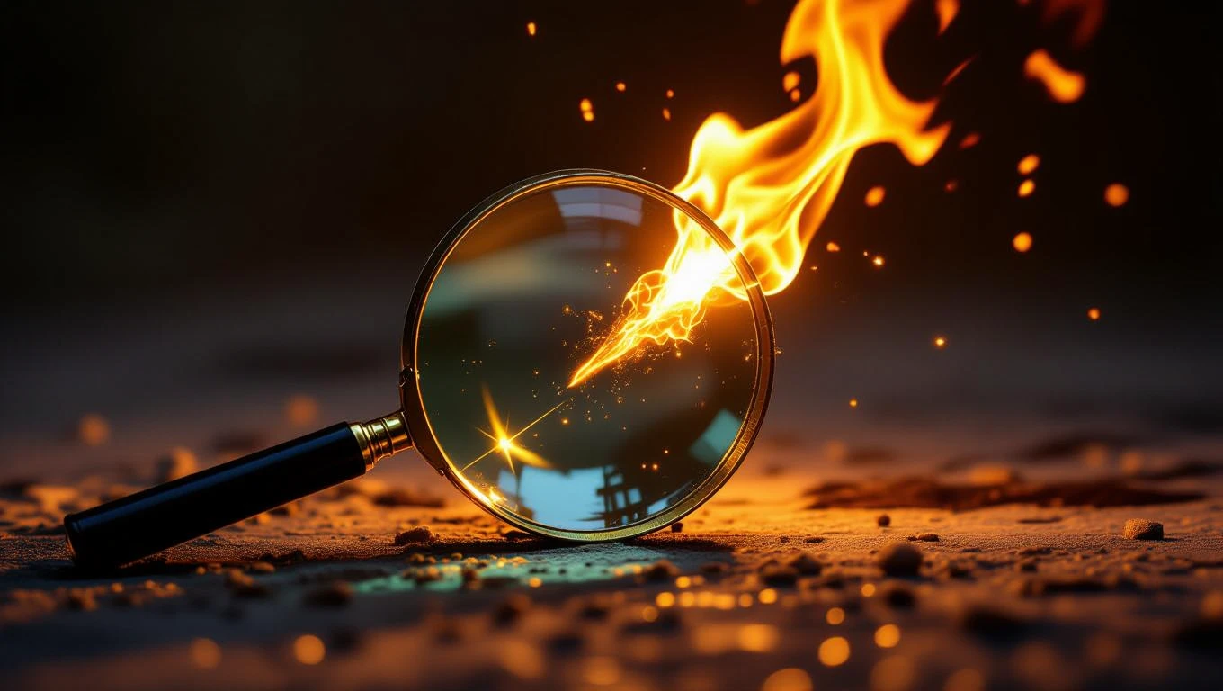 Eine brennende Lupe, die funkelnde Lichtstrahlen reflektiert.