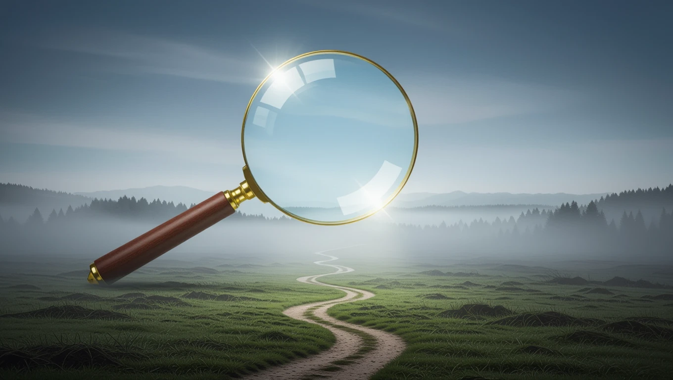 Eine Lupe schwebt über einem nebligen Weg in einer grünen Landschaft.