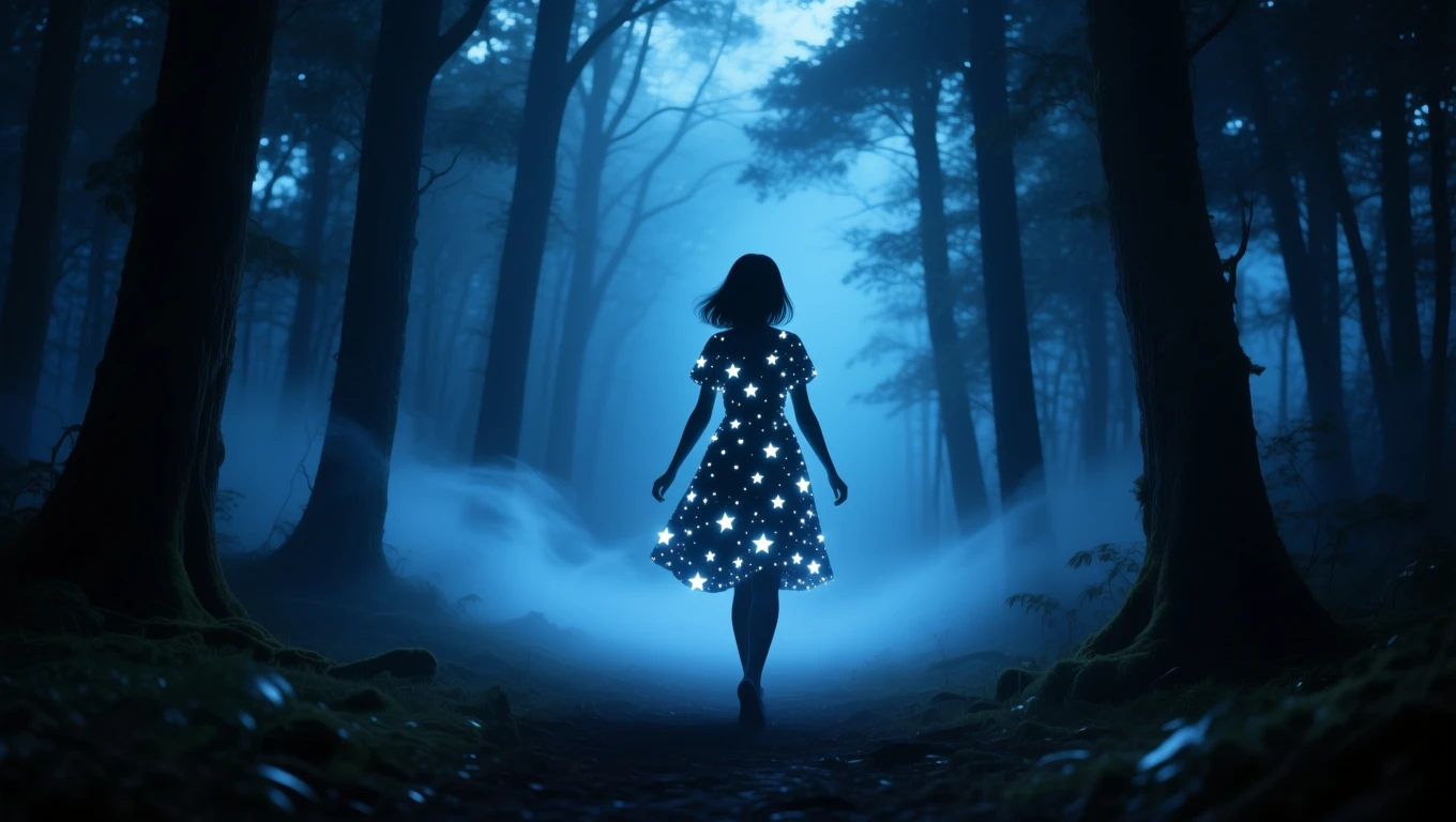 Ein Mädchen in einem leuchtenden Kleid mit Sternen steht im nebligen Wald.