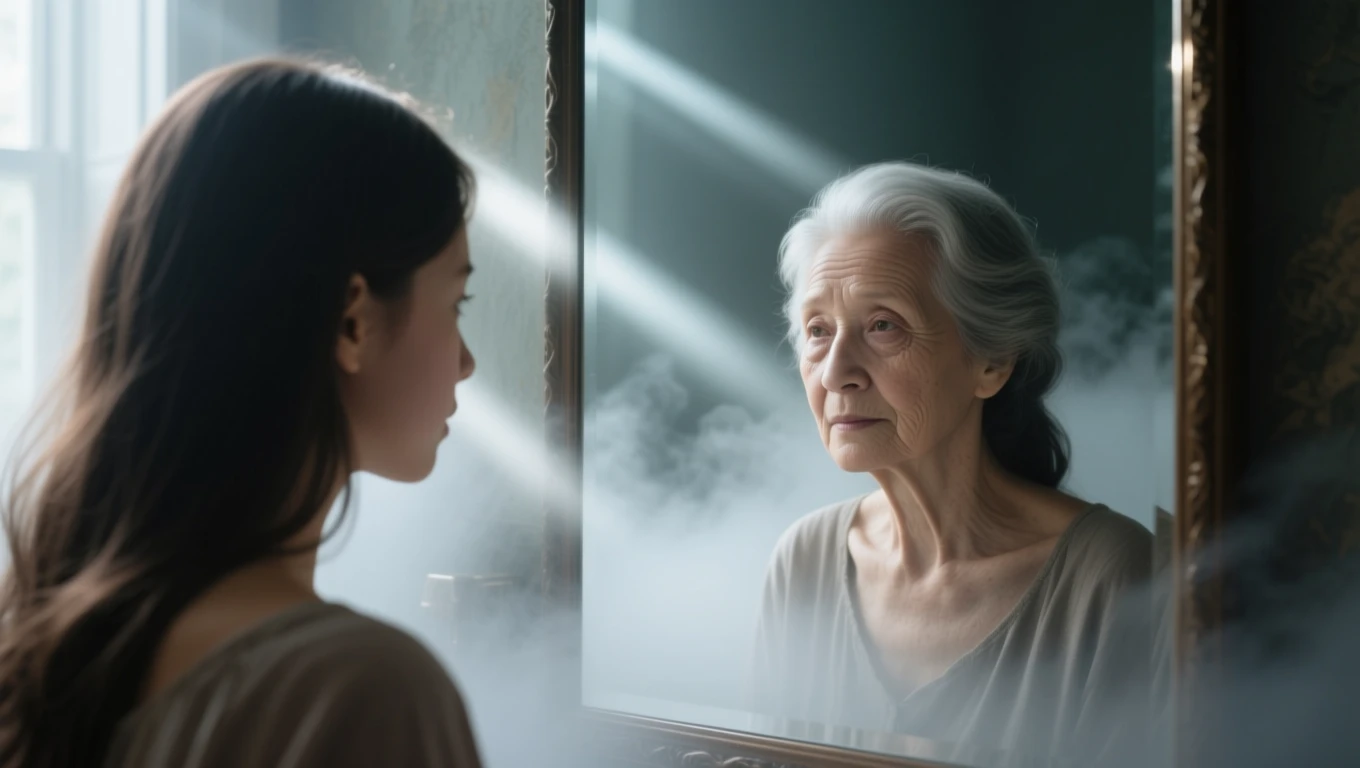 Eine junge Frau betrachtet im Spiegel eine ältere Frau, umgeben von Nebel.