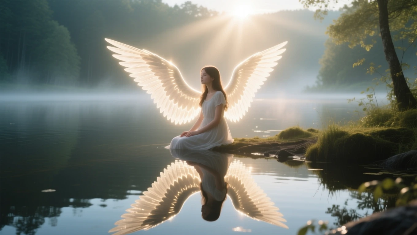 Ein Mädchen mit Engelsflügeln sitzt am Ufer eines ruhigen Sees.