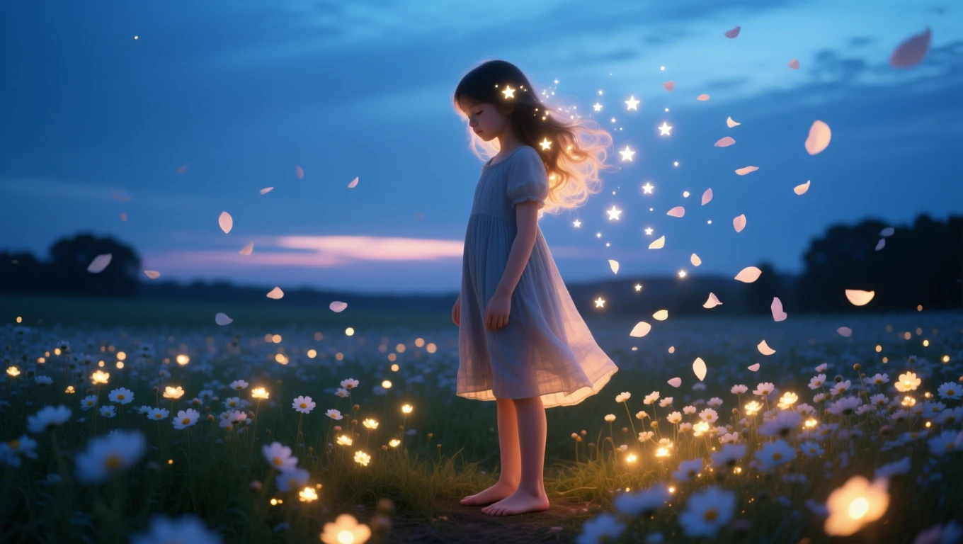 Ein Mädchen steht in einem blühenden Feld, umgeben von leuchtenden Blumen und schimmernden Sternen.