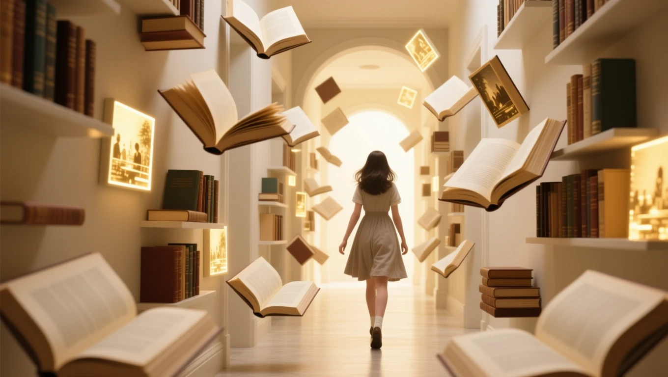 Ein Mädchen geht durch einen hellen Flur, umgeben von schwebenden Büchern.