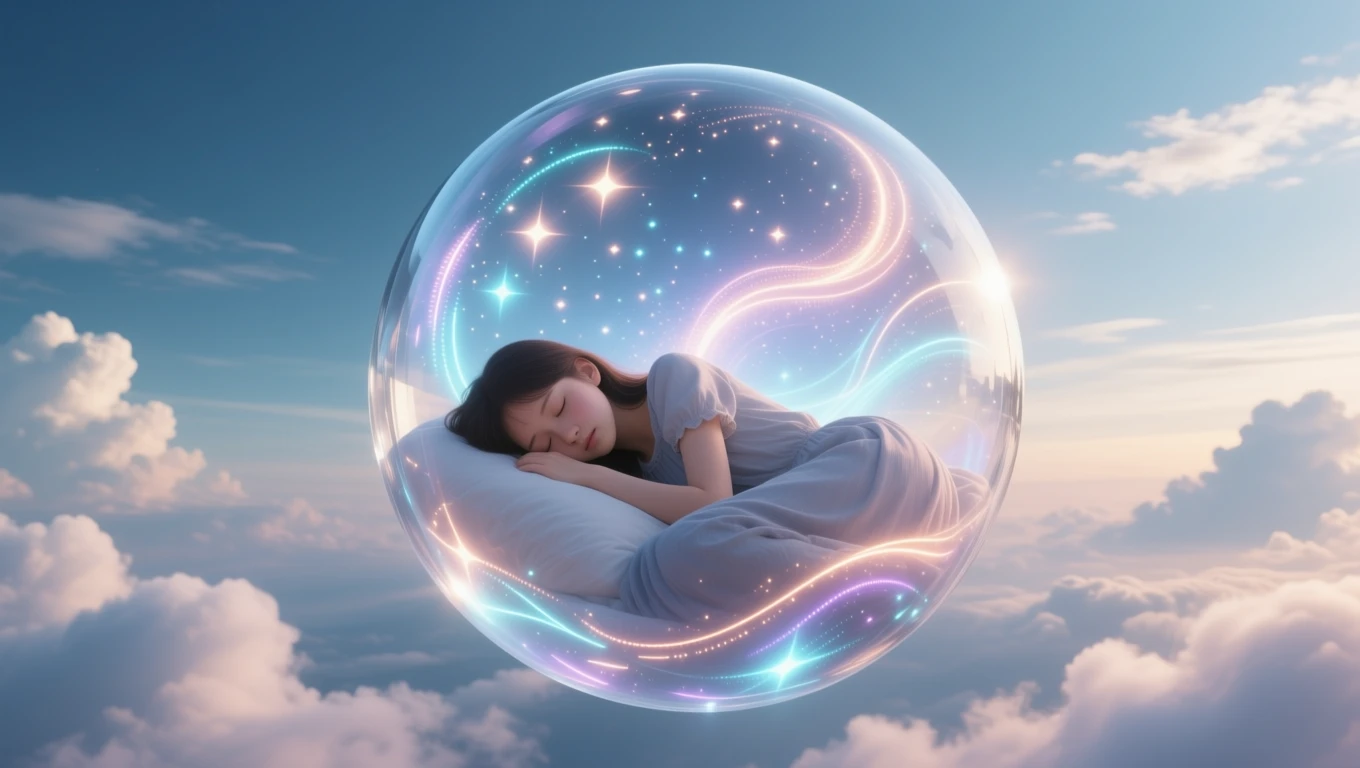 Ein schlafendes Mädchen in einer schimmernden Blase über Wolken.